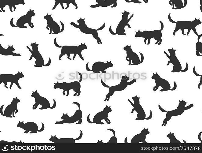 Seamless pattern with stylized cats in various poses. Cute kitten background.. Seamless pattern with stylized cats in various poses.