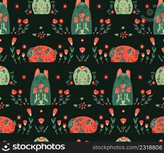 Seamless pattern with stylized dogs with folk ornaments and floral ornaments. Vector animalistic texture with various pet with a tribal boho decorations and polka dot on dark background. Seamless pattern with stylized dogs with folk ornaments and floral ornaments. Vector animalistic texture with various