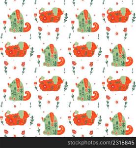 Seamless pattern with stylized dogs with folk ornaments and floral ornaments. Poodle and curs. Vector animalistic texture with various pet with boho decorations and flowers on white background. Seamless pattern with stylized dogs with folk ornaments and floral ornaments. Poodle and curs. Vector animalistic texture