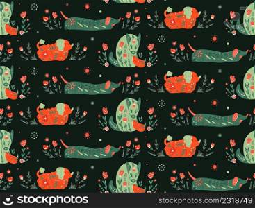 Seamless pattern with stylized dogs with folk ornaments and natural decorations. Poodle and dachshund. Animal family. Vector animalistic texture with pet with boho decorations on dark background. Seamless pattern with stylized dogs with folk ornaments and natural decorations. Poodle and dachshund. Animal family.