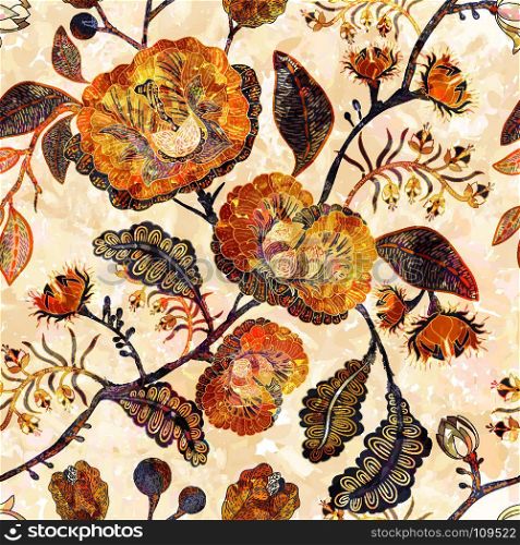 Seamless pattern with stylized flowers and plants. Decorative style. Hand drawn floral wallpaper. Floral backdrop