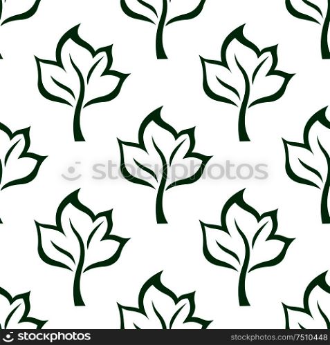 Seamless pattern with stylized green outline maple trees on white, for nature or ecology theme background design
