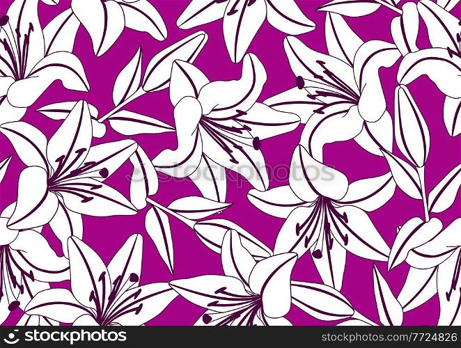 Seamless pattern with stylized lily flowers. Decorative image of beautiful buds. Linear texture.. Seamless pattern with stylized lily flowers. Decorative image of beautiful buds.