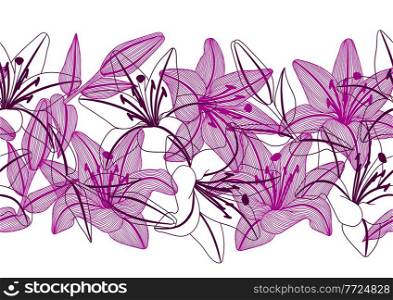 Seamless pattern with stylized lily flowers. Decorative image of beautiful buds. Linear texture.. Seamless pattern with stylized lily flowers. Decorative image of beautiful buds.