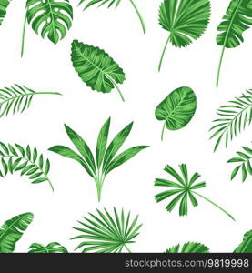 Seamless pattern with stylized palm leaves. Decorative image of tropical foliage and plants.. Seamless pattern with stylized palm leaves. Image of tropical foliage and plants.