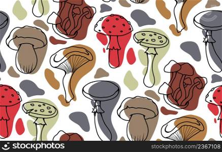 Seamless pattern with stylized sketches of poisonous mushrooms with color spots. Amanita and false mushrooms. Vector texture for wallpaper. Background with contour drawing of dangerous fungus. Seamless pattern with stylized sketches of poisonous mushrooms with color spots. Amanita and false mushrooms. Vector texture