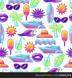 Seamless pattern with stylized summer objects. Abstract illustration in vibrant color. Seamless pattern with stylized summer objects. Abstract illustration in vibrant color.