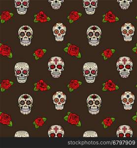 Seamless pattern with sugar skulls and roses. Day of the dead. Vector illustration.