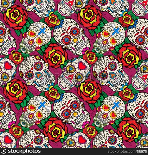 Seamless pattern with sugar skulls and roses. Dead Day. Dia de los Muertos. Vector illustration