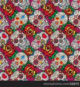 Seamless pattern with sugar skulls and roses. Dead Day. Dia de los Muertos. Vector illustration