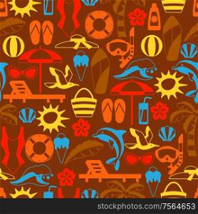 Seamless pattern with summer and beach objects. Illustration of stylized items.. Seamless pattern with summer and beach objects.