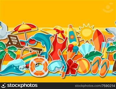 Seamless pattern with summer and beach objects. Illustration of stylized items.. Seamless pattern with summer and beach objects.