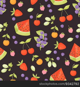 Seamless pattern with summer berries and fruits. Forest blueberries, raspberries, cherries, gooseberries with pieces of watermelon on black background. Vector illustration in cartoon style