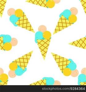 Seamless pattern with summer color bright elements. Waffle cone with ice cream balls. Design of packaging, fabric, background. Vector flat illustration.