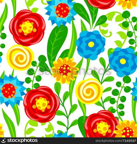 Seamless pattern with summer flowers. Beautiful decorative natural plants, buds and leaves.. Seamless pattern with summer flowers.