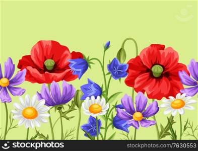 Seamless pattern with summer flowers. Beautiful realistic poppies, daisies and bells.. Seamless pattern with summer flowers.