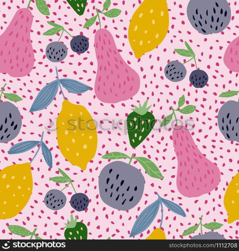 Seamless pattern with summer fruits. Cherry berries, apples, lemons, pears and leaves hand drawn wallpaper. Creative design for fabric, textile print, wrapping paper, children textile.. Seamless pattern with summer fruits. Cherry berries, apples, lemons, pears and leaves