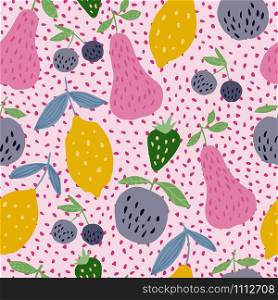 Seamless pattern with summer fruits. Cherry berries, apples, lemons, pears and leaves hand drawn wallpaper. Creative design for fabric, textile print, wrapping paper, children textile.. Seamless pattern with summer fruits. Cherry berries, apples, lemons, pears and leaves
