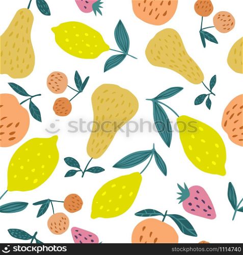 Seamless pattern with summer fruits. Cherry berries, apples, lemons, pears and leaves hand drawn wallpaper. Vector fruits design for fabric, textile print, wrapping paper, children textile.. Seamless pattern with summer fruits. Cherry berries, apples, lemons, pears and leaves