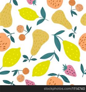 Seamless pattern with summer fruits. Cherry berries, apples, lemons, pears and leaves hand drawn wallpaper. Vector fruits design for fabric, textile print, wrapping paper, children textile.. Seamless pattern with summer fruits. Cherry berries, apples, lemons, pears and leaves