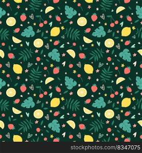 Seamless pattern with summer fruits, flowers and tropical leaves on a dark green background. Suitable for fabric, wrapping paper, covers. Vector illustration.. Seamless pattern with summer fruits, flowers and tropical leaves on a dark green background.
