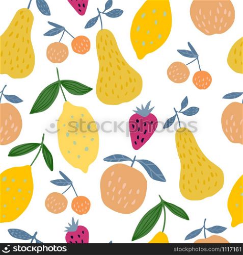 Seamless pattern with summer fruits on white background. Vector fruits design for fabric, textile print, wrapping paper, children textile.. Seamless pattern with summer fruits on white background. .