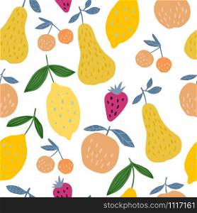 Seamless pattern with summer fruits on white background. Vector fruits design for fabric, textile print, wrapping paper, children textile.. Seamless pattern with summer fruits on white background. .
