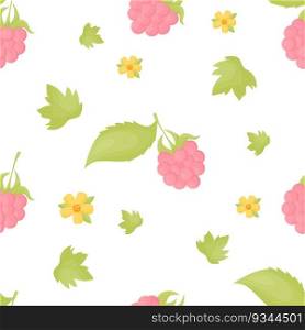 Seamless pattern with summer raspberries with leaves on white background with yellow flowers. Vector illustration in flat cartoon style for print, wallpaper, textile, packaging and design