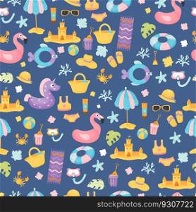 Seamless pattern with summer sea holiday attributes on blue background. Beach accessories, swimsuit, straw hat, flip flops, rubber ring, shells, flamingo and sun umbrella. Vector cartoon illustration
