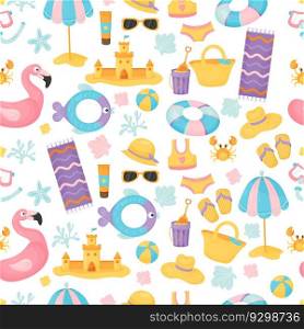 Seamless pattern with summer sea holiday attributes on white background. Beach vacation clothes and accessories, swimsuit, straw hat and flip flops, bag, rubber ring, shells. Vector illustration