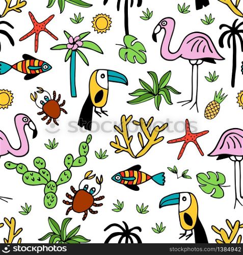 Seamless pattern with summer set of isolated cute images in doodle style. Line art illustration with things for beach and holiday. Vector.. Seamless pattern with summer set of isolated cute images in dood