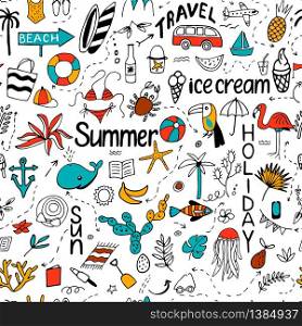 Seamless pattern with summer set of isolated cute images with black lines in doodle style and text lettering for design. Line art illustration with things for beach and holiday. Vector.. Seamless pattern with summer set of isolated cute images with bl