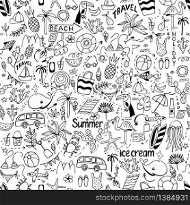 Seamless pattern with summer set of isolated cute white images with black lines in doodle style and text lettering for design. Line art illustration with things for beach and holiday. Vector.. Seamless pattern with summer set of isolated cute images in dood