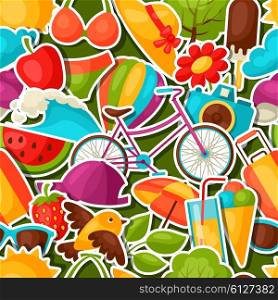 Seamless pattern with summer stickers. Background made without clipping mask. Easy to use for backdrop, textile, wrapping paper.