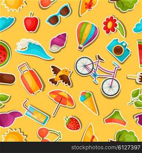Seamless pattern with summer stickers. Background made without clipping mask. Easy to use for backdrop, textile, wrapping paper.