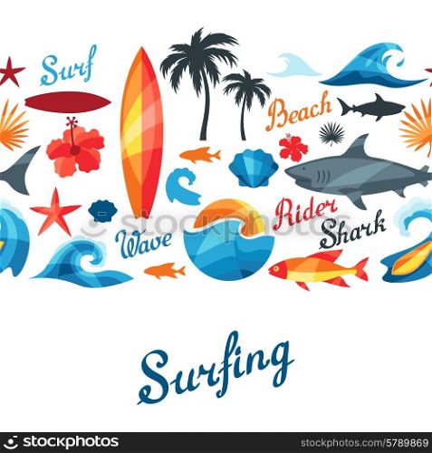 Seamless pattern with surfing design elements and objects.. Seamless pattern with surfing design elements and objects