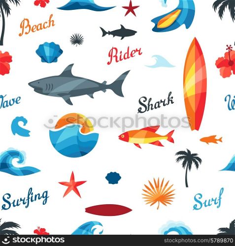 Seamless pattern with surfing design elements and objects.. Seamless pattern with surfing design elements and objects