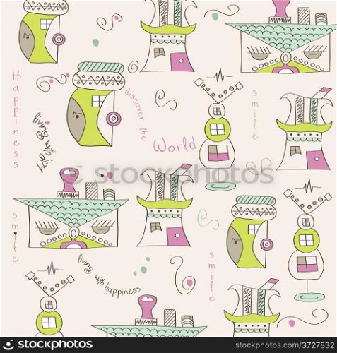seamless pattern with surreal houses, illustration in vector format