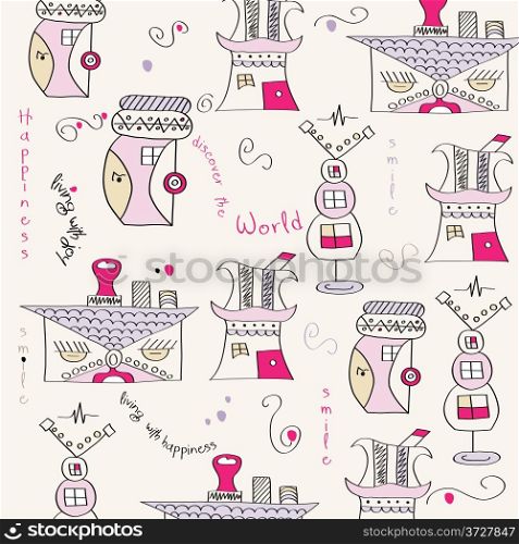 seamless pattern with surreal houses, illustration in vector format