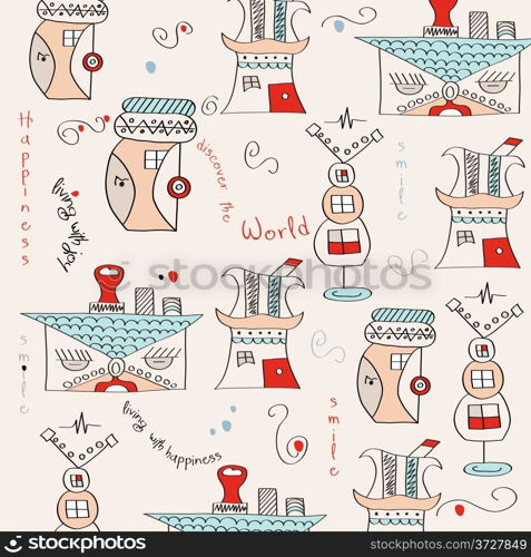 seamless pattern with surreal houses, illustration in vector format