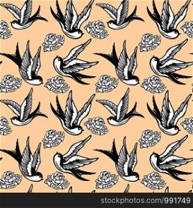 Seamless pattern with swallows and roses in old school tattoo style. For poster, card, banner, flyer. Vector illustration