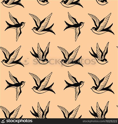 Seamless pattern with swallows in old school tattoo style. For poster, card, banner, flyer. Vector illustration