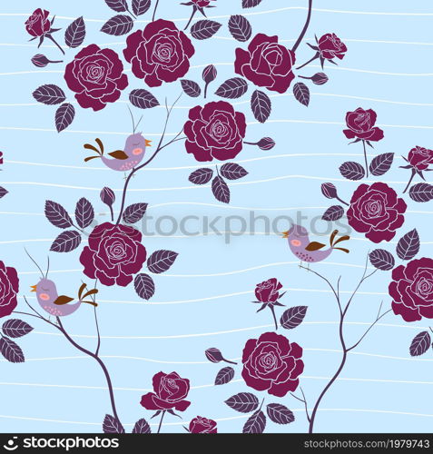 Seamless pattern with sweet garden roses on wavy soft blue background,vector illustration