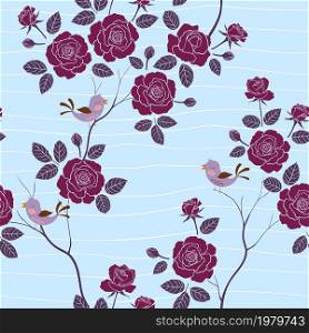 Seamless pattern with sweet garden roses on wavy soft blue background,vector illustration