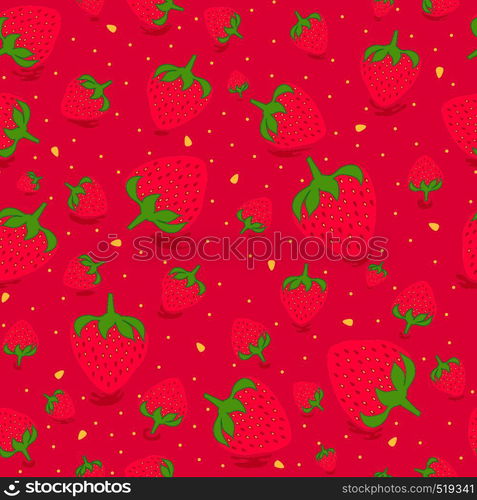 Seamless pattern with sweet strawberries in red background. Fruit background. Pattern in swatch