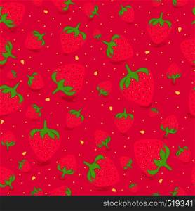 Seamless pattern with sweet strawberries in red background. Fruit background. Pattern in swatch