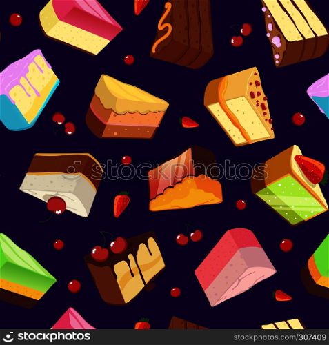 Seamless pattern with sweets and cakes isolate on dark background. Vector illustration. Seamless background with color cake dessert. Seamless pattern with sweets and cakes isolate on dark background. Vector illustrations