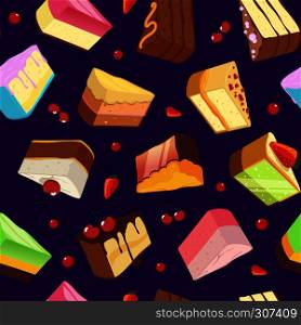 Seamless pattern with sweets and cakes isolate on dark background. Vector illustration. Seamless background with color cake dessert. Seamless pattern with sweets and cakes isolate on dark background. Vector illustrations