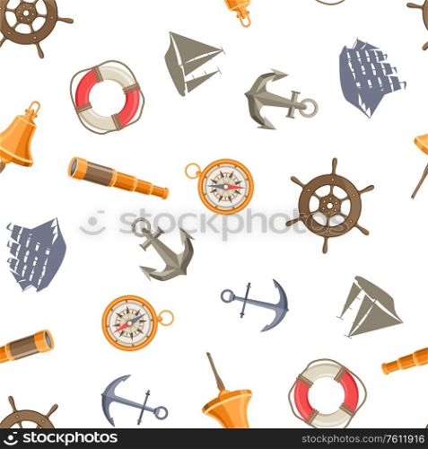 Seamless pattern with symbols and items. Marine retro decorative background.. Seamless pattern with symbols and items.