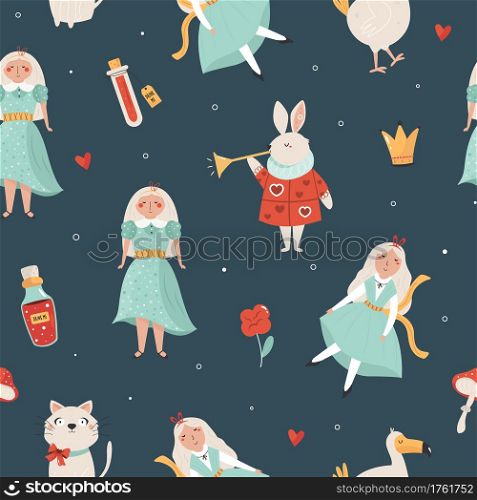 Seamless pattern with symbols from Alice in Wonderland. Vector illustration. Seamless pattern with symbols from Alice in Wonderland